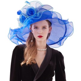 Z&X Women's Organza Church Fascinator Hair Clip Bridal Wedding Tea Party Hat Wide Brim Anti-UV Sun Hat Royal Blue