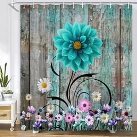 Viajar Rustic Farmhouse Shower Curtain, Teal Dahlia on Old Rustic Wooden Shower Curtain, Turquoise Blue Barn Wood Country Floral Bathroom Set with Hooks, 70X70 Inch