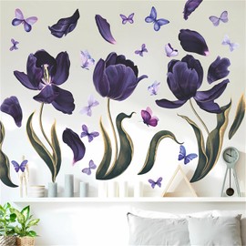 Purple Tulip Butterfly Flower Wall Stickers, sacinora Rose Peony Floral Art Plant Wall Decals Removable Vinyl Peel and Stick for Living Room Bedroom Children's Room Sofa TV Background Decorations