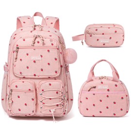 Fimibuke School Backpack for Girls Boys - 3PCS Corduroy Kids Backpack Set with Lunch Box & Pencil Pouch, Lightweight Teen Girls School Bag Laptop Bag Travel Daypack for Elementary Middle High School