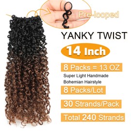 Aksice 14 Inch 8 Packs Yanky Twist Crochet Hair for Women Pre-looped Mini Twist Hair Bohemian Passion Twist Crochet Hair Boho Crochet Braids Synthetic (14 Inch 8 Packs,1B/30)