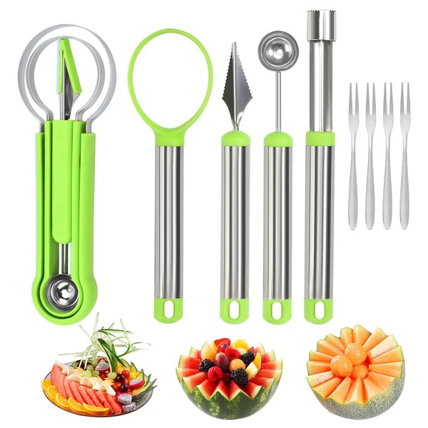 GisWell 9-Piece Fruit Tool Set, Multifunctional Melon Cutter, 3-in-1 Stainless