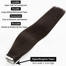 ANLILI Tape in Hair Extensions Human Hair Natural Black 100% Remy Human Hair Extensions 50g 20pcs Silky Straight Seamless Skin Weft Tape in Hair Extensions 16 Inch