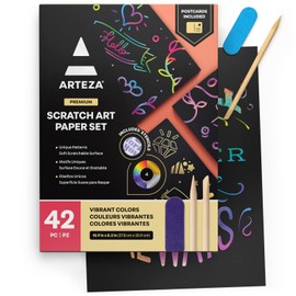 Arteza Scratch Paper, Set of 42 Sheets, 10.9 x 8.2 Inches, Includes 4 Unique Patterns, 4 Scratchers, 4 Stencils, 4 Post Cards, Art Supplies for Craft and DIY Projects