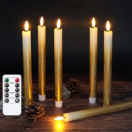 Wondise Flickering Flameless Taper Candles with Remote and Timer, Battery Operated Real Wax 3D Flame Gold Candles for Wedding Holiday Decoration, Set of 6(D0.78 x H9.64 inch)
