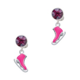Delight Jewelry Silvertone 3-D Hot Pink Ice Skate - Large Purple Crystal Clip on Earrings