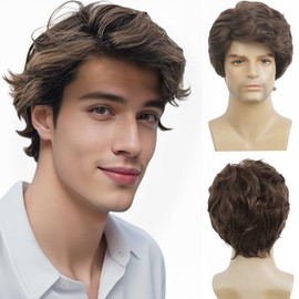 Amnenl Brown Wigs for Men Short Fluffy Layered Hair Wig for Male Daily Cosplay Use