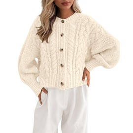 BTFBM Chunky Cardigan Sweaters for Women Fall Fashion 2025 Button Lantern Long Sleeve Cable Knit Winter Coats Outerwear(Beige White, Medium)