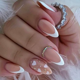 24Pcs Valentines Press on Nails White French Tip Fake Nails Love Glossy Glitter Heart Designs with Rhinestones Medium Almond False Nails Full Cover Stick on Nails for Women Girls Acrylic Nails