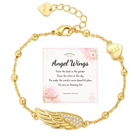 Apsvo Angel Wings Bracelets Gifts for Girls Dainty Initial Bracelets for Women Girls Love Heart Initial A-Z Beads Gold Bracelet Birthday Gifts for Daughter