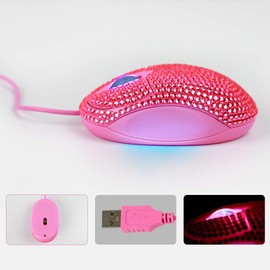 USB Optical Wired Mini Computer Mouse with Crystal Bling Rhinestone 7 Color Lights Mouse for Small Hands(Pink)