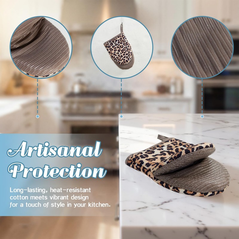 Ribbed Mini Oven Mitts 2-Pack Set, 5.5"x8.5", Leopard Printed, Heavy