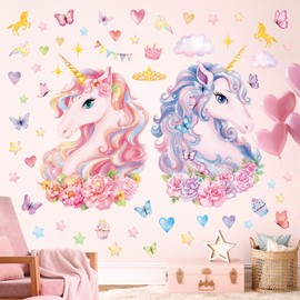 DECOWALL SG2-2412 Large Unicorn Wall Stickers Kids Peel and Stick Removable Nursery décor Girls Boys Bedroom Room Rainbow Art Stars Birthday Baby Home Party Decorations Living playroom
