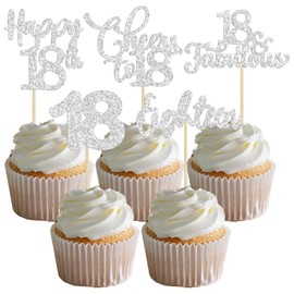 Paquete de 30 adornos para magdalenas de 18 cumpleaños con purpurina de dieciocho saludos a 18 años de edad, para decoración de pasteles de feliz cumpleaños de 18 años, color plateado