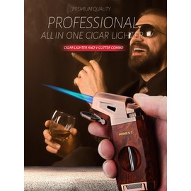 Butane Torch Lighter with V Cutter, Windproof Jet Flame Lighter Torch Refill, Adjustable Refillable Butane Lighter Gifts for Men, with Fuel Window, Fuel not Include