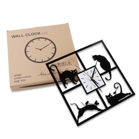 Raguso Modern Silent Black Cat Style Wall Clock Non ticking Silver Aluminum Frame Glass Cover Decorative for Bedroom Home Office Coffee Restaurant Decoration