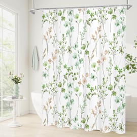 Litabel Watercolor Floral Shower Curtain, Sage Green Butterfly Flower Shower Curtain for Bathroom, Modern Minimalist White Waterproof Fabric Shower Curtain Set, 72x72 Inch