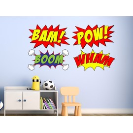 VWAQ Comic Book Set of 4 Wall Decal Sound Effects Comic Book Bam Pow Boom Wham Pack of Superhero Vinyl Wall Art Peel and Stick Stickers CB5 (28" H X 42" W)