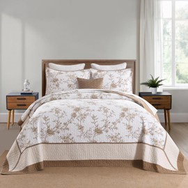 DDUOXIN Oversized Queen Bedspread - 102" W x120 L Extra Wide - 100% Cotton California Quilt with 2 Pillow Shams, Botanical Reversible Coverlet Bedding Set, Brown(Khaki)/White/Beige