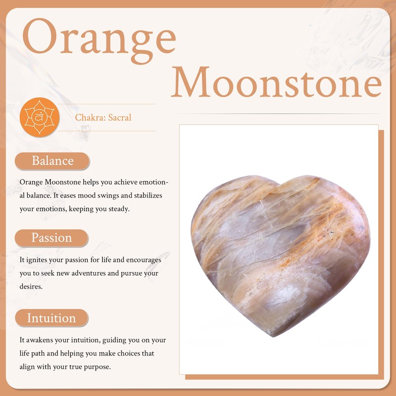 Sportmusies Natural Orange Moonstone Heart Stone Figurine, 1.77-2.36 inches