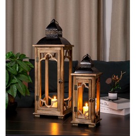 Large Farmhouse Decorative Wooden Lantern Set of 2, Rustic Brown Floor Lanterns, Indoor/Outdoor Hurricane Lanterns for Home Decor (No Glass)