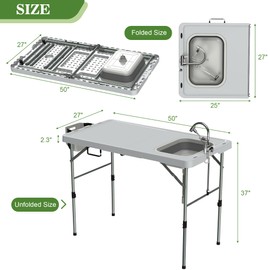 aoole Foldable Fish Cleaning Table, Portable Camping Table with Sink & Measurement Markers with Faucet & Spray Gun for Camping, Patio, Kitchen, RV & Beach