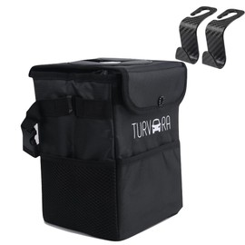 Turvara Car Trash Bag and 2 Pack Headrest Hooks, 100% Waterproof Insulated Lining, Hanging Car Garbage Can with Lid, Car Storage Bin with Pockets, Car Hooks to Hang Purse, School Bag, Groceries