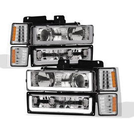 DRL LED Strip Tube Bar Chrome Housing Projector Headlights With Signal Bumper + Corner Lamps Amber Reflector 8-Pieces nb Compatible With 94-00 Chevy C10 C/K Pickup Truck / Silverado Suburban Tahoe