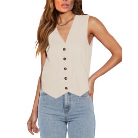 Floral Find Womens Casual Button Down Sleeveless Vest Fully Lined V Neck Business Jacket Waistcoat with Pocket (Beige, Large)