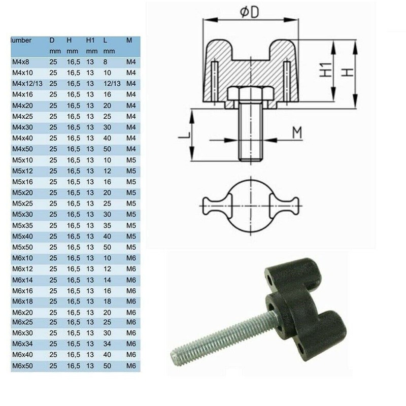 Butterfly Wing Bolt, Handle Lock Stretcher Frame, M6 x 20,