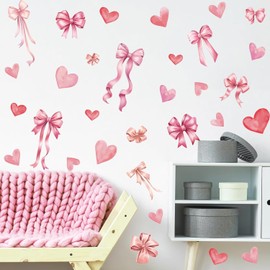 Pink Bow and Heart Wall Decals - 6 Sheets 82 Pcs Bow Knot Wall Stickers Watercolor Bow Heart Peel and Stick Wall Stickers for Girls Room Nursery Bedroom Valentine's Day Décor