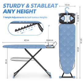 KINGBOARD Ironing Board, Compact Iron Board Full Size with Extra Thick Cover, 7 Adjustable Heights Stand with Hanger and Iron Rest, Large Heavy Duty Ironing Board with Storage Tray, 13x43 Blue