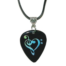 Jazzworks,LLC Black Blue & Green Treble & Bass Clef Heart Guitar Pick Necklace (GP039c)