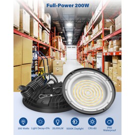 200W UFO LED High Bay Light, 28,000LM LED Shop Lights Fixture, 5000K, Replace 600W Halogen, 120VAC, Plug & Play Lighting for Warehouses, Workshops, Garages, and Barns – ETL Listed, 6 Pack