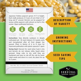 Survival Garden Seeds Popcorn Collection - Strawberry Popcorn and Japanese Hulless Popcorn Varieties - Non-GMO Heirloom Seeds for Planting & Growing in Your Home Vegetable Garden