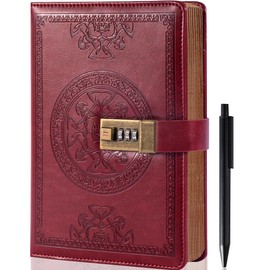 CAGIE Diary with Lock for Women and Men A5 Refillable 290 Lined Pages Locked Journal with Pen, Journal with Lock for Adults Travel Diary for Writing, 5.7'' X 8.3'', Dark Red