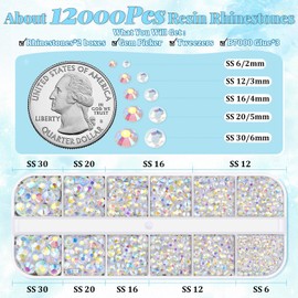 12000Pcs Resin Rhinestones for Bedazzling with 3Pcs B7000 Jewelry Glue, 2 Boxes Transparent AB Flatback Rhinestones for Crafting Crafts DIY, Crystals Gems for Clothing Shoes Tumblers Nail Art Makeup