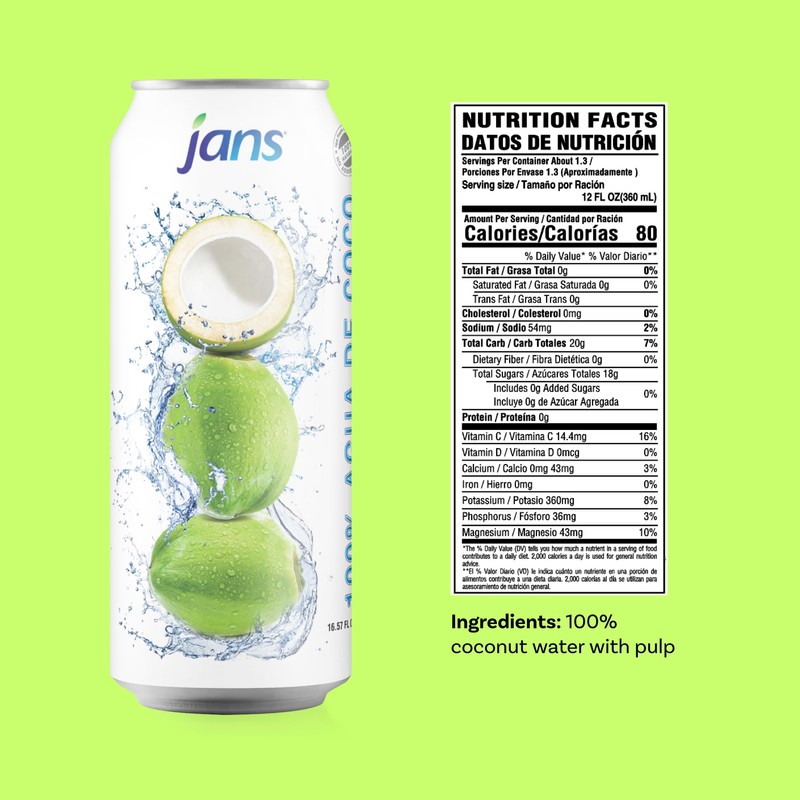 Jans Coconut Water, No Sugar Added (12-Pack 16.57 Fl Oz)