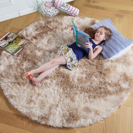 Amdrebio Tie-Dyed Beige Round Circle Area Rug 5Ft for Bedroom, Fluffy Plush Shag Furry Rugs for Kids Room, Living Room Decor Aesthetic, Cute Fuzzy Tan Neutral Carpet for Baby Nursery Playroom Dorm