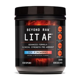 Beyond Raw LIT AF - Polvo de fórmula avanzada para preentrenamiento de fuerza clínica | Contiene cafeína, L-citrulina y nitrosigina | ICY Fireworks | 20 porciones