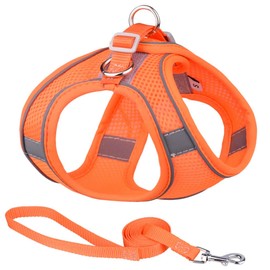 EarthPETS Step-in Checkered Pet Harness with a Free 59” inch Leash Included - Breathable Air Mesh for Dogs & Cats, with Reflective Straps, Safe Vest Built with Buckle & Double Metal Rings, Orange, XS