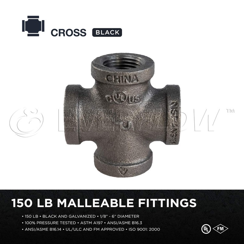 SUPPLY GIANT CNDS0018 Black Malleable Cross Fitting, 1/8", 1/8 Inch