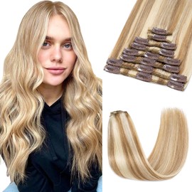 SEGOHAIR Clip-In Real Hair Extensions, 12 Inch (30.5 cm) Thin, Full Head, Straight Real Hair Extensions Clip, Light Golden Brown with Blonde (55 g) for Perfect Hair Extensions, Clips, Real Hair, Pack