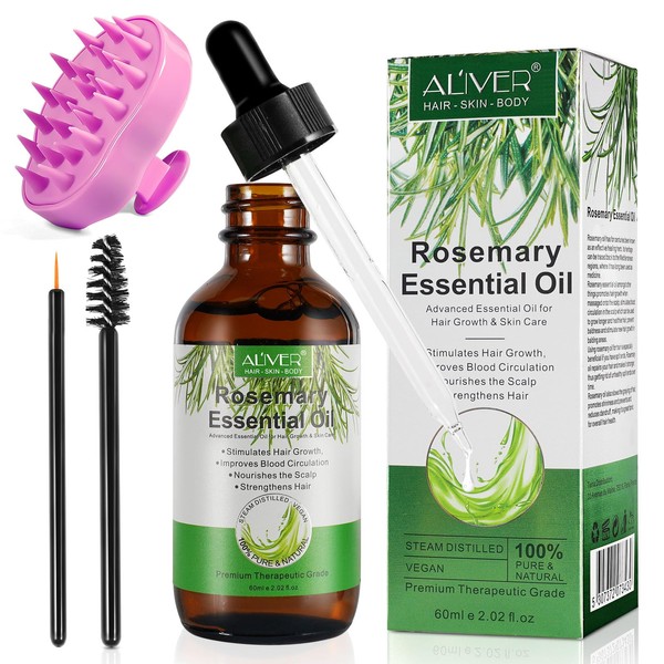 Rosemary Oil for Hair, Rosemary Hair Oil with Scalp Massager, 100% Natural Organic Rosemary Oil for Hair Growth, Body Massage, Rosemary Essential Oils for Men and Women, 60 ml