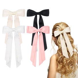 4 Pack Hair Bows for Women, Silky Satin Bow Hair Clips Black Hair Ribbons for Women and Girls(Black, White, Beige, Pink)