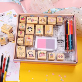 Unicorn Wooden Stamp and Sticker Set for Girls, Unicorn, Mermaid, Panda, Alpaca, Sloth, Cats, Rainbow, Butterfly Stamps, Activity Craft Set for Girls Boys Kids Gift Ages 4 5 6 7 8 9 10 Years Old
