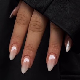 YOSOMMK Chrome Fake Nails Almond Medium Press on Nails with Mirror Designs Glossy Ombre Nude False Nails Stick on Acrylic Nails for Women