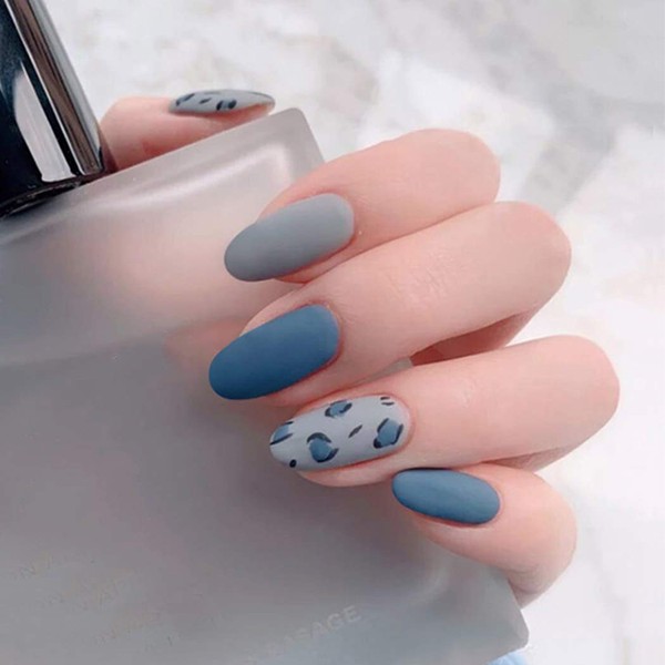 Ursumy Leopard Print Press on Nails Long Stiletto Blue Fake Nails Tips Matte False Nails with Designs Instant Artificials Nails Full Cover Acrylic Frosted Faux Nails for Women and Teens Girls (24Pcs)