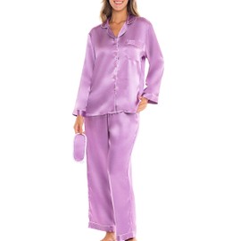 Alexander Del Rossa Long Sleeve Satin Pajama Set for Women, Satin PJs for Women Set, Womens Satin Pajama Set Wisteria XL (A0750WSPXL)