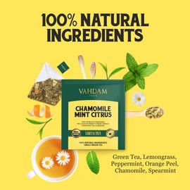 Vahdam Chamomile Tea with Mint Citrus (30 Tea Bags) | LOW CAFFEINE GREEN TEA | Calming & Relaxing Green Tea Blend | 100% Natural Detox Tea | Best for Night Time